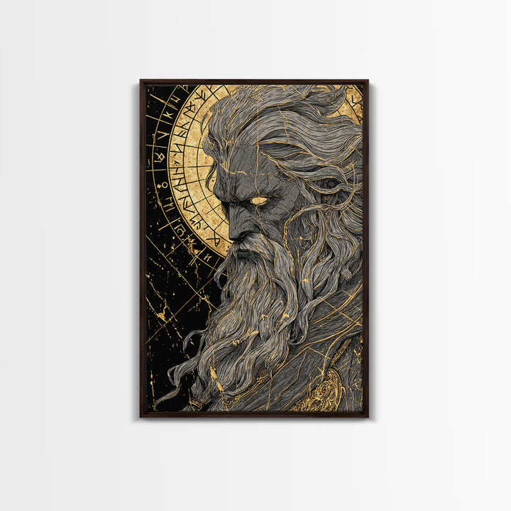 Canvas Gold Art Norse Allfather Odin, Viking Mythology Canvas Art framed in real wood, Nordic wall decor perfect as office or dad gift