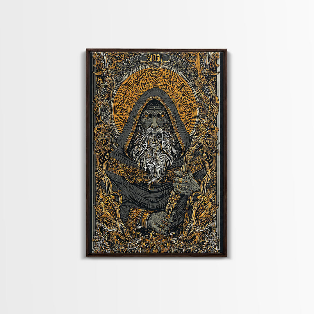 Viking Odin Canvas Gold Art, Nordic Mythology Canvas Art with real wood frame, masculine office wall art or unique Norse gift for dad