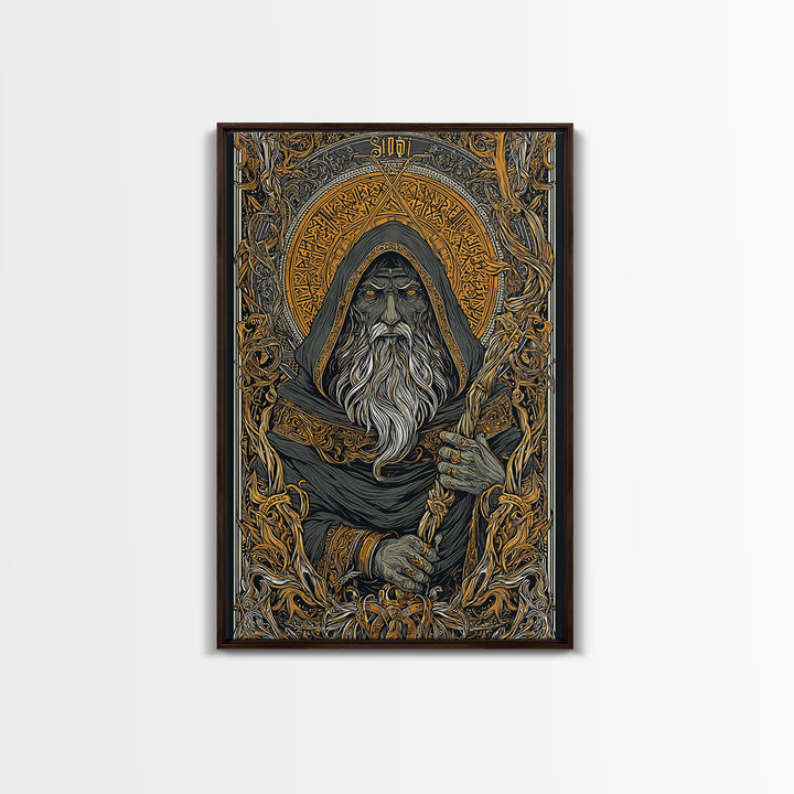 Viking Odin Canvas Gold Art, Nordic Mythology Canvas Art with real wood frame, masculine office wall art or unique Norse gift for dad