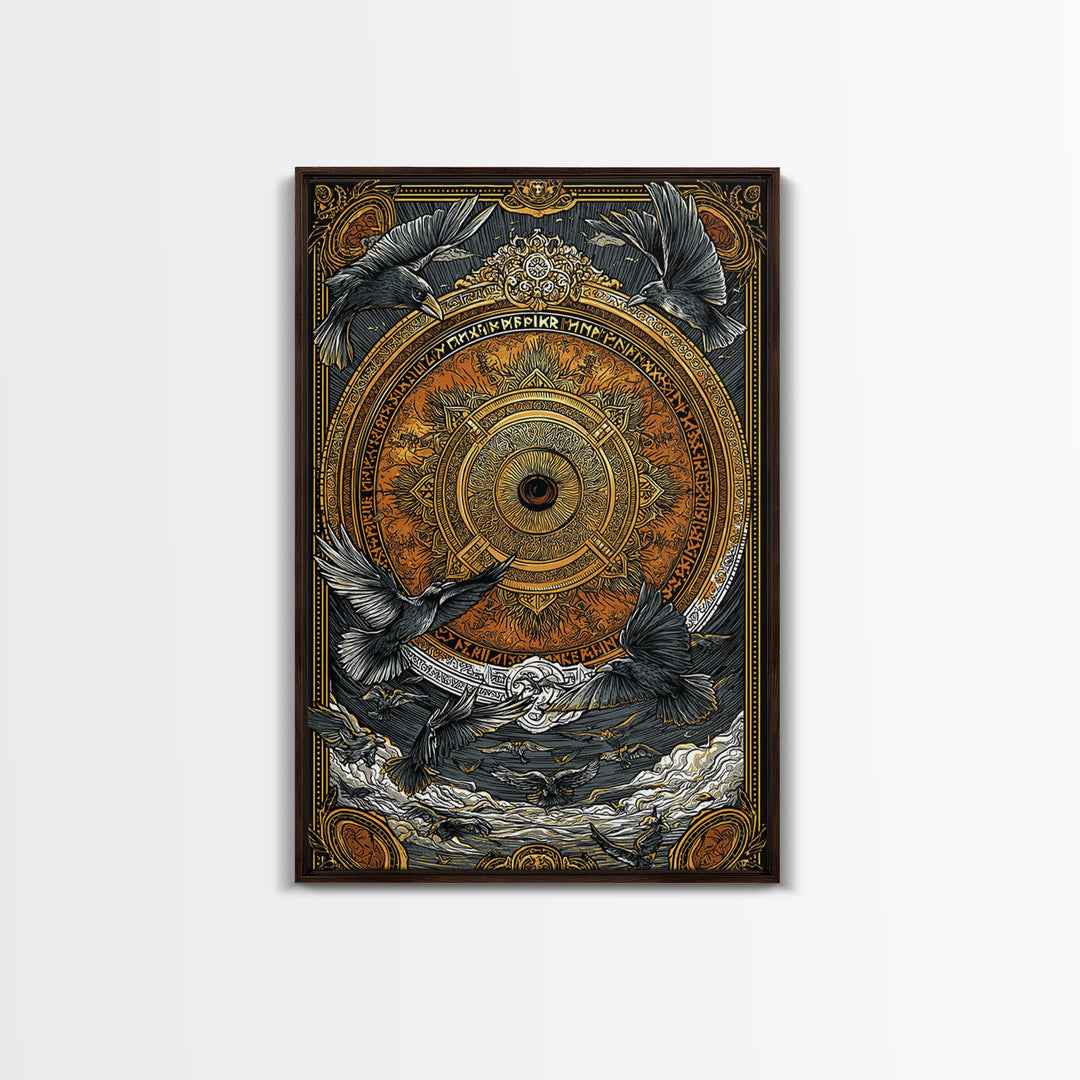 Huginn and Muninn Canvas Gold Art, Odin’s Ravens Norse Mythology Canvas Art in real wood frame, Nordic office or man cave wall decor