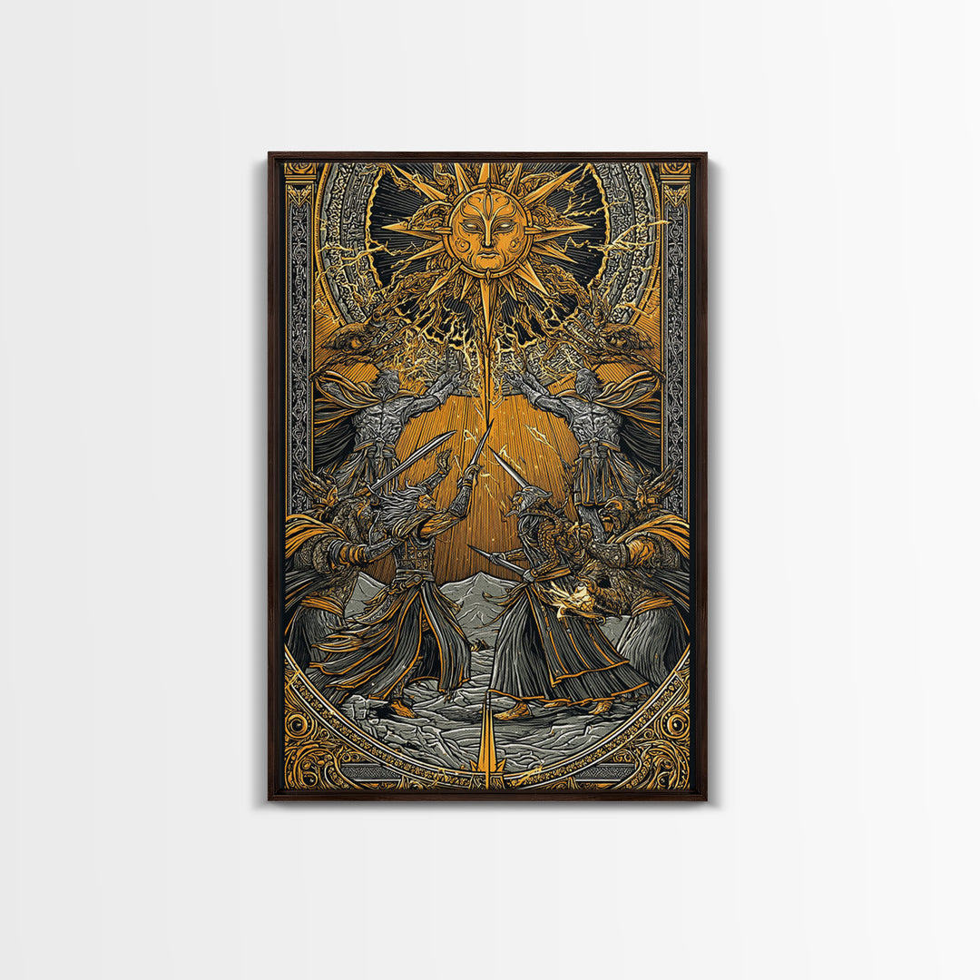 Ragnarök Battle Canvas Gold Art, Viking Apocalypse Norse Myth Canvas Art in real wood frame, Nordic wall art for man cave or office