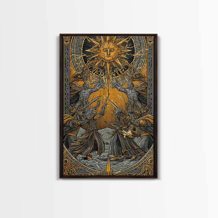 Ragnarök Battle Canvas Gold Art, Viking Apocalypse Norse Myth Canvas Art in real wood frame, Nordic wall art for man cave or office