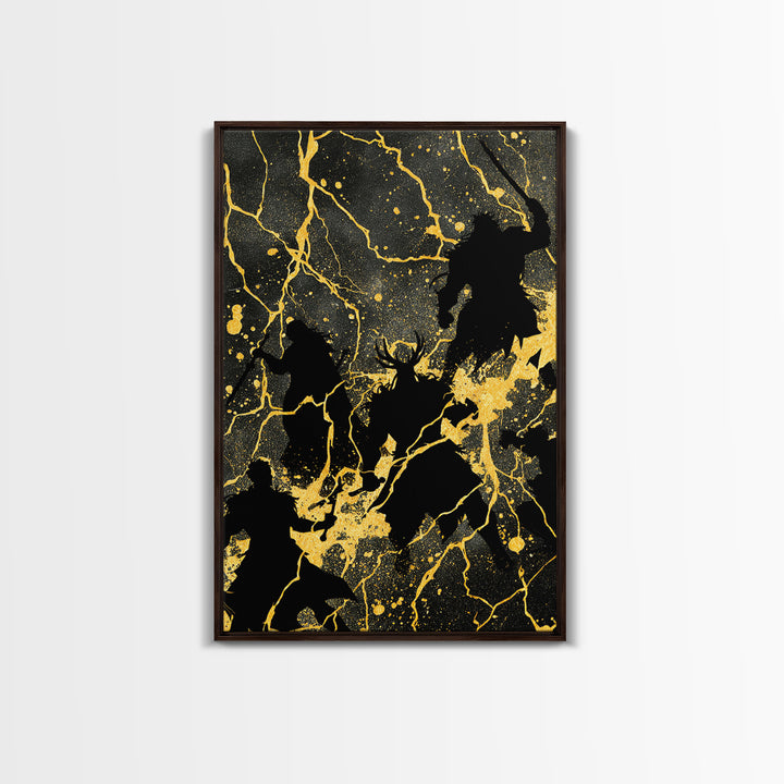 Epic Ragnarok Battle Scene Nordic Wall Art, Canvas Gold Art and Canvas Art, Norse Gods Lightning Design with natural wood frame
