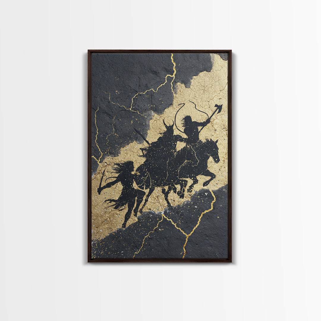 Valkyrie Ride Canvas Gold Art, Norse Mythology Warrior Women Canvas Art framed in natural wood, Viking man cave or office wall decor