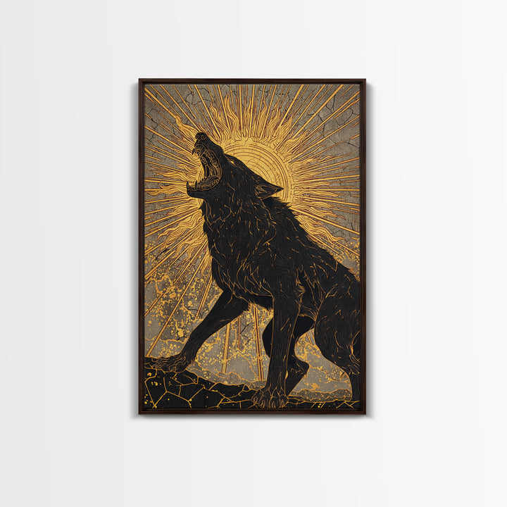 Nordic Fenrir Wolf Canvas Art, Canvas Gold Art with Norse Mythology Sun Chaser Wolf, Man Cave Decor framed in authentic wood