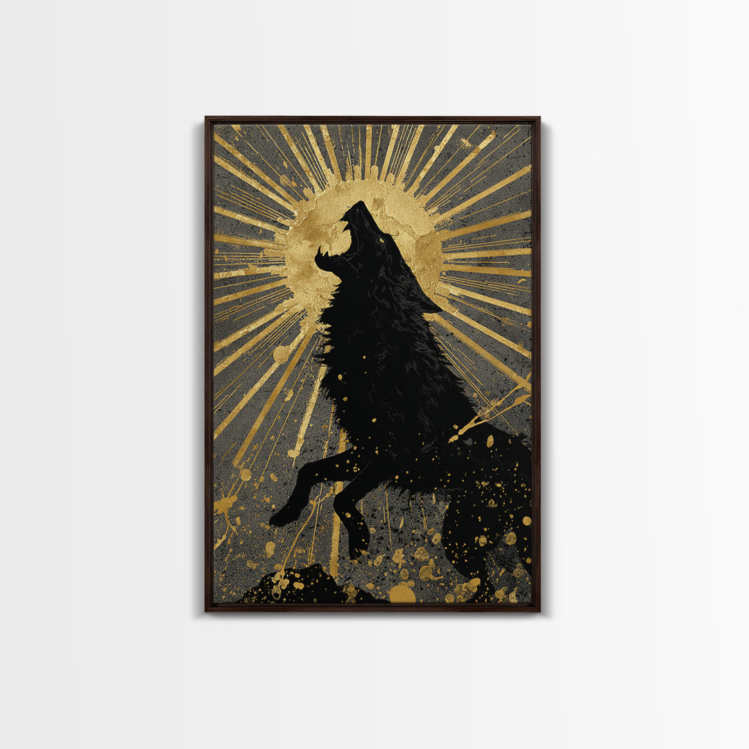 Fenrir Howling Wolf Canvas Gold Art, Norse Mythology Canvas Art with Viking Wolf Symbolism, Office Wall Decor in real wood frame