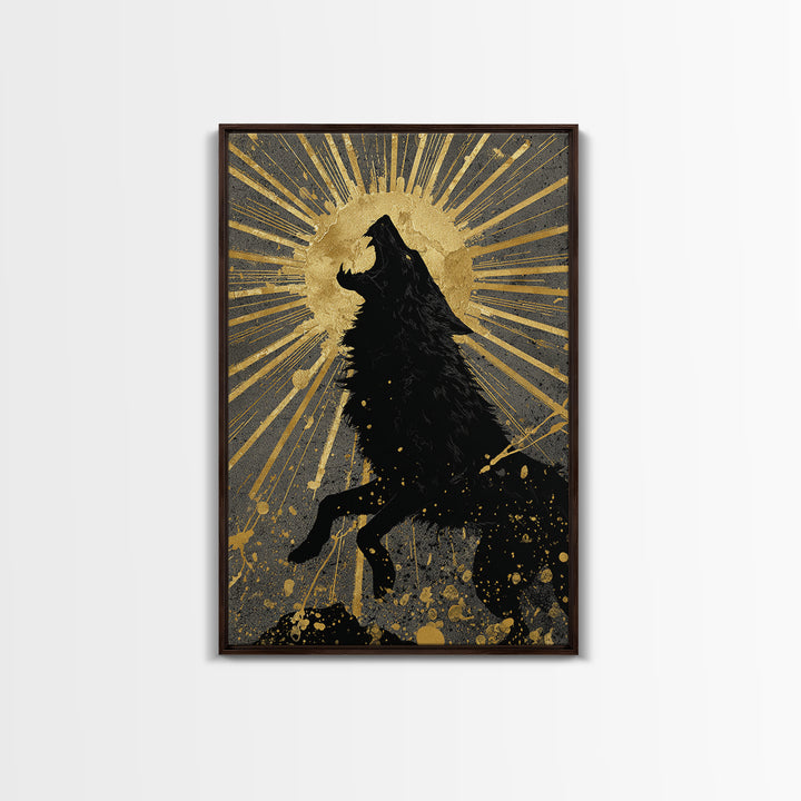 Fenrir Howling Wolf Canvas Gold Art, Norse Mythology Canvas Art with Viking Wolf Symbolism, Office Wall Decor in real wood frame