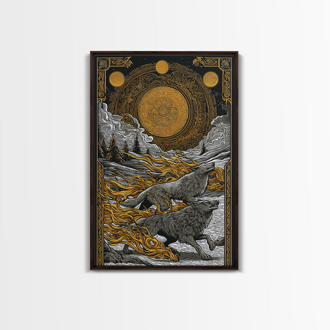 Sköll and Hati Wolves Norse Mythology Art, Canvas Gold Art and Canvas Art, Viking Wolf Chasing Sun and Moon framed in wood