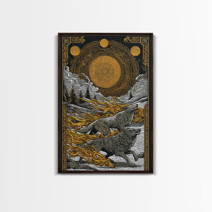 Sköll and Hati Wolves Norse Mythology Art, Canvas Gold Art and Canvas Art, Viking Wolf Chasing Sun and Moon framed in wood