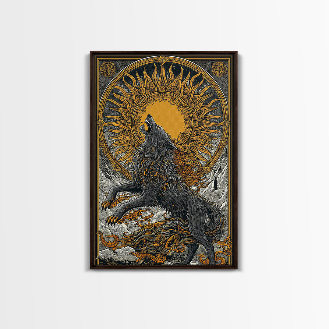Fenrir Wolf Ragnarok Canvas Art, Canvas Gold Art with Norse Mythology Theme, Viking Wolf Office Wall Decor framed in real wood