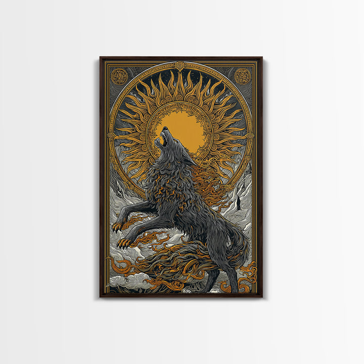 Fenrir Wolf Ragnarok Canvas Art, Canvas Gold Art with Norse Mythology Theme, Viking Wolf Office Wall Decor framed in real wood