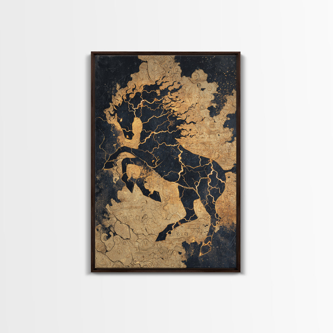 Nordic Sleipnir Horse Canvas Art, Canvas Gold Art featuring Odin’s Eight-Legged Horse, Norse Myth Wall Decor framed in natural wood