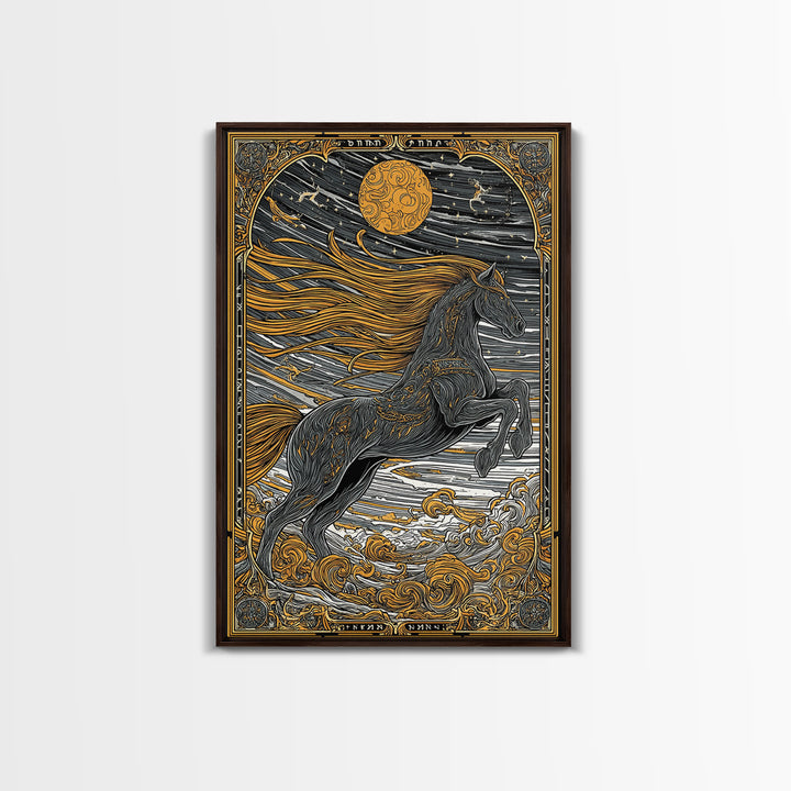 Sleipnir Norse Myth Horse Wall Decor, Canvas Gold Art and Canvas Art, Viking Equestrian Nordic Office Art framed in natural wood