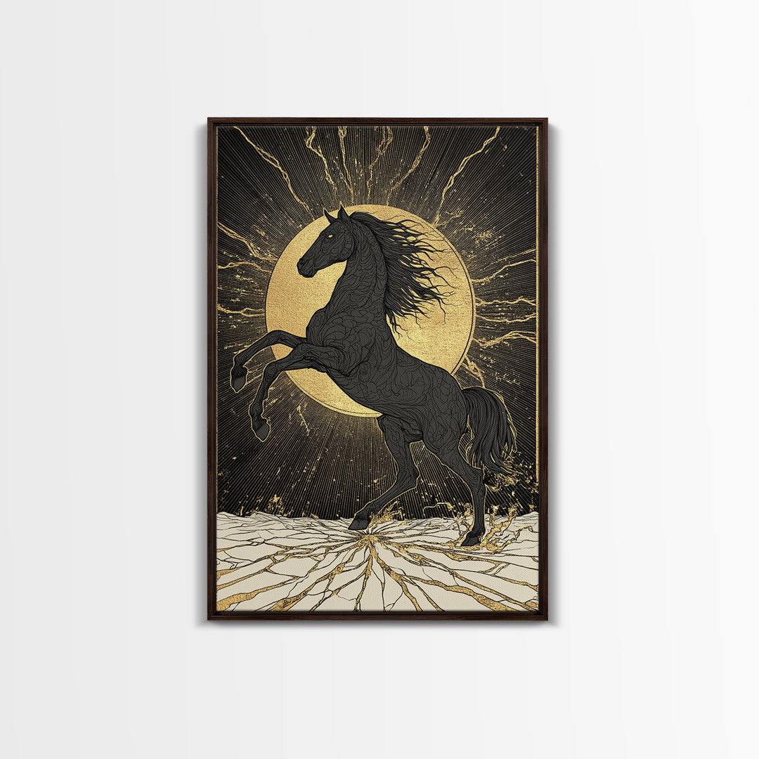Sleipnir Norse Horse Canvas Gold Art Nordic Mythology Canvas Art for Office or Man Cave, framed in natural real wood