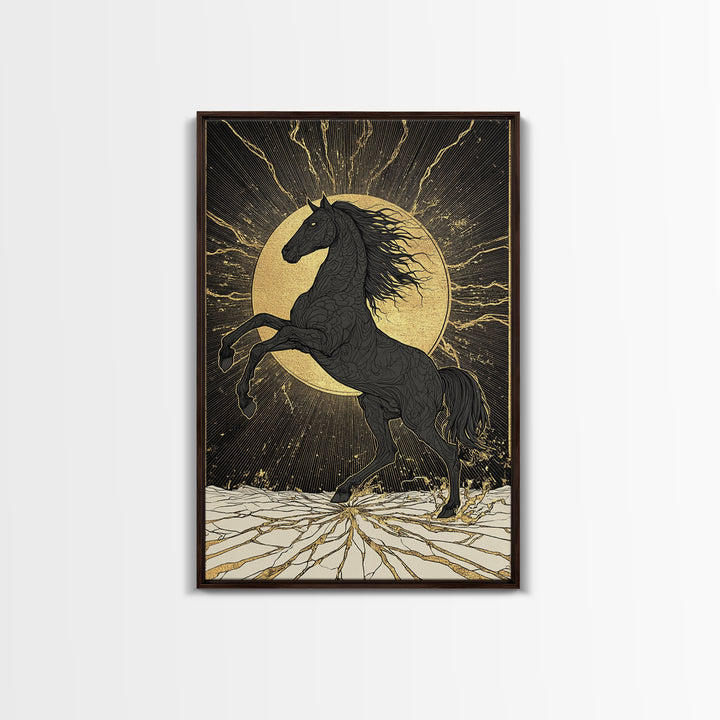 Sleipnir Norse Horse Canvas Gold Art Nordic Mythology Canvas Art for Office or Man Cave, framed in natural real wood
