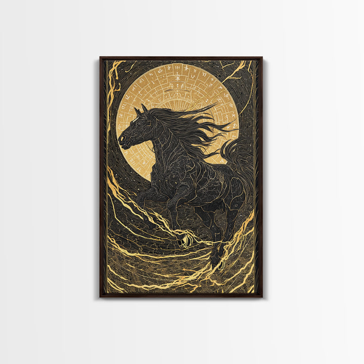 Sleipnir Odin’s Horse Norse Mythology Wall Decor, Canvas Gold Art and Canvas Art, Viking Horse Office Art framed in real wood