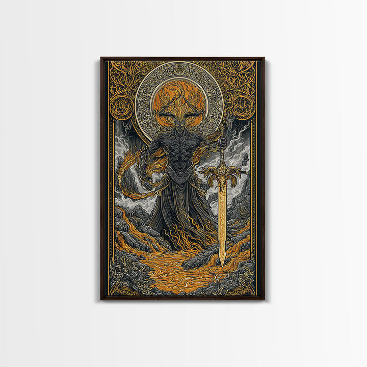 Surtur Fire Giant Norse Mythology Canvas Gold Art Viking Canvas Art Dad Gift Office Wall Decor framed with natural real wood