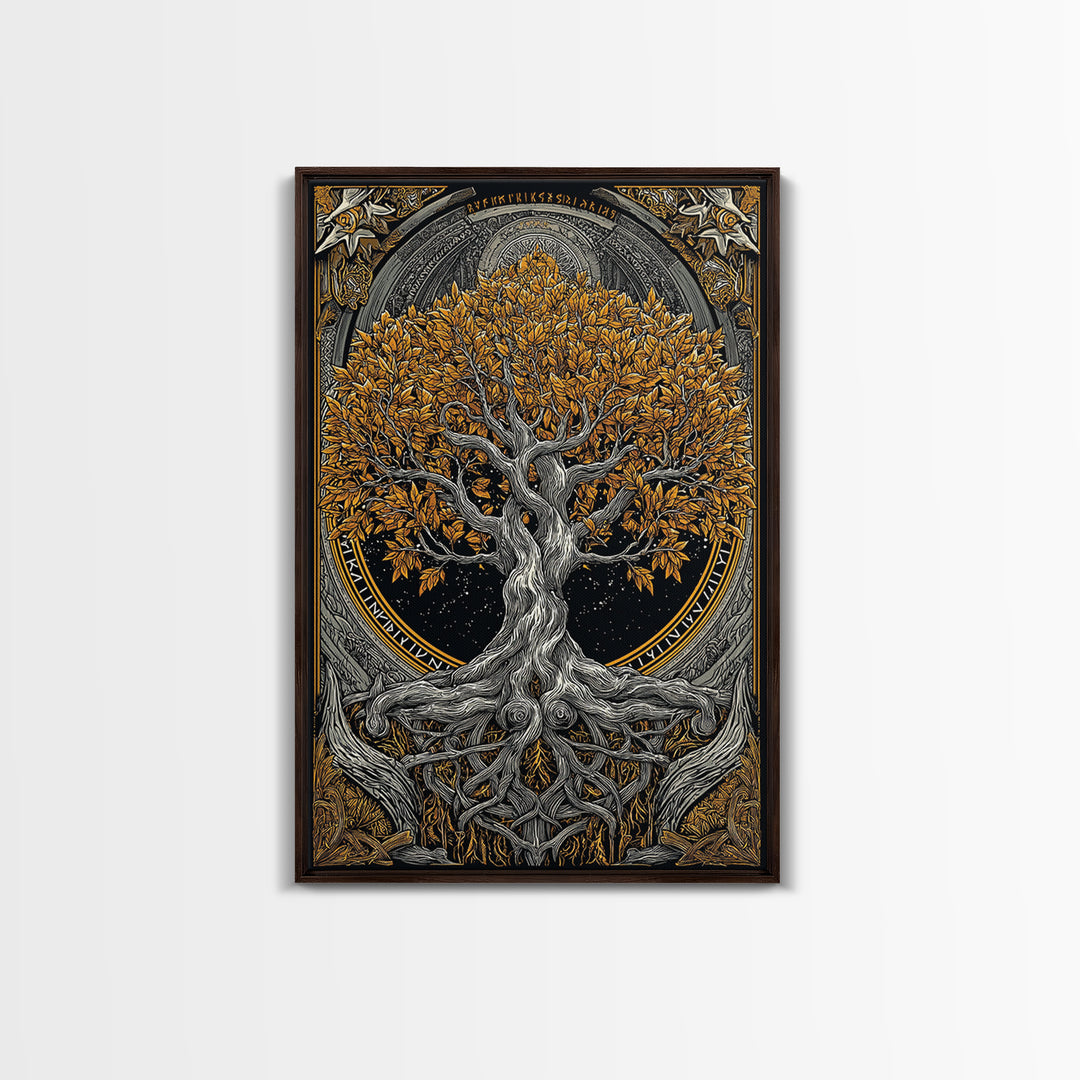 Yggdrasil World Tree Canvas Gold Art Canvas Art Norse Mythology Decor framed in natural wood for Office Wall or Man Cave Gift