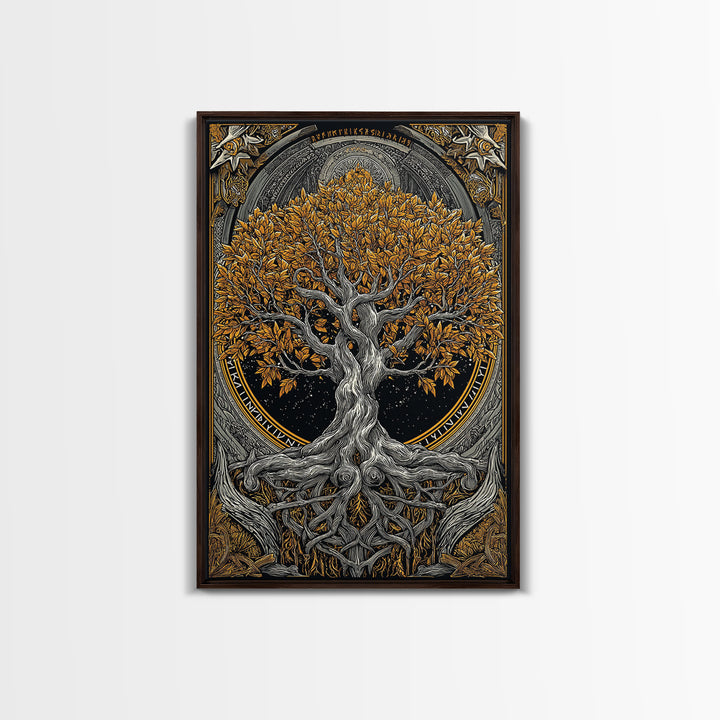 Yggdrasil World Tree Canvas Gold Art Canvas Art Norse Mythology Decor framed in natural wood for Office Wall or Man Cave Gift