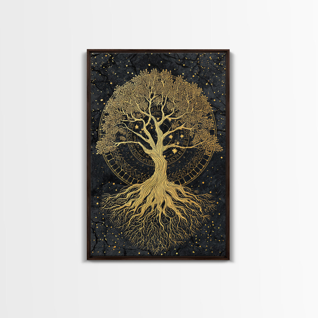 Nordic Yggdrasil Tree of Life Canvas Gold Art Canvas Art with real wood frame, Norse Mythology Office Decor and Dad Gift Idea