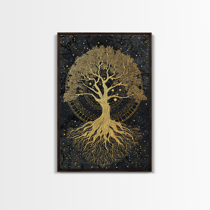 Nordic Yggdrasil Tree of Life Canvas Gold Art Canvas Art with real wood frame, Norse Mythology Office Decor and Dad Gift Idea