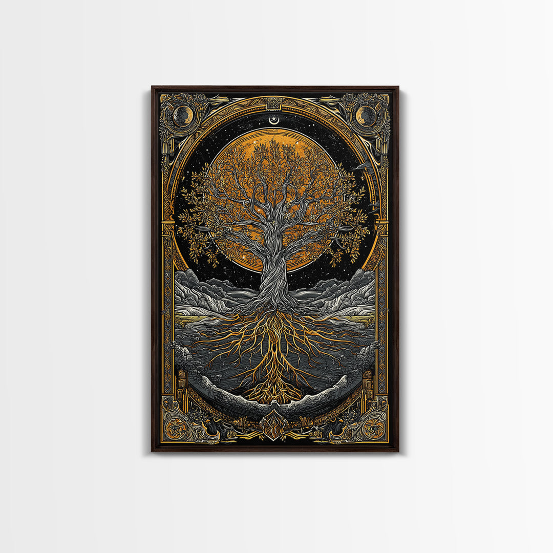 Cosmic World Tree Canvas Gold Art Canvas Art Viking Yggdrasil Norse Wall Art framed in real wood, Perfect for Man Cave Decor