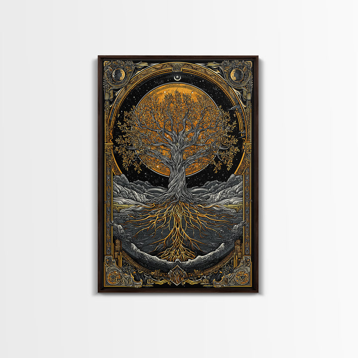 Cosmic World Tree Canvas Gold Art Canvas Art Viking Yggdrasil Norse Wall Art framed in real wood, Perfect for Man Cave Decor