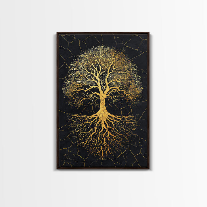 Norse Yggdrasil Tree Canvas Gold Art Canvas Art Celestial Design with roots framed in real wood, Unique Office or Man Cave Art