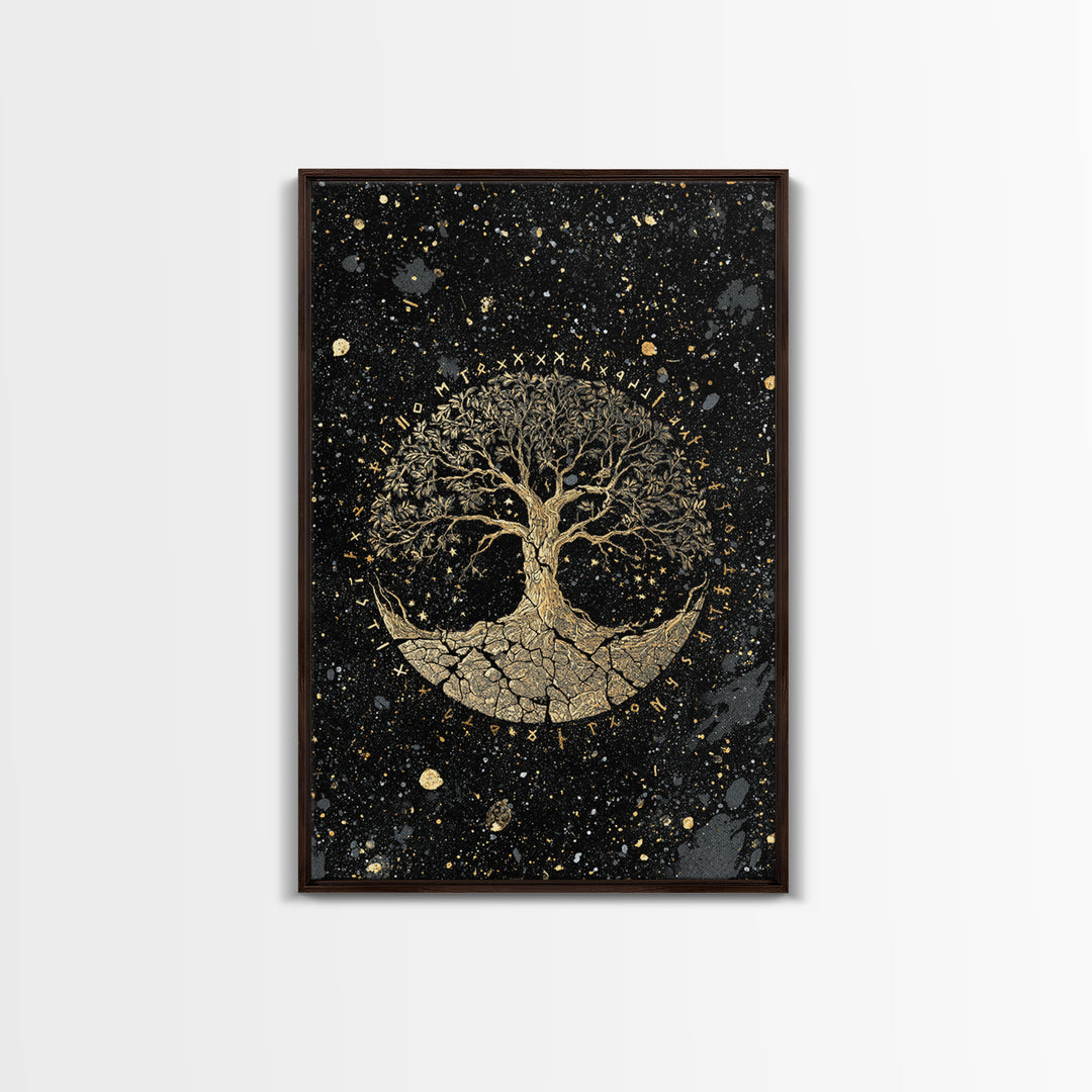 Yggdrasil World Tree Canvas Art Canvas Gold Art Norse Mythology Viking Decor Office Art Man Cave framed in handcrafted real wood