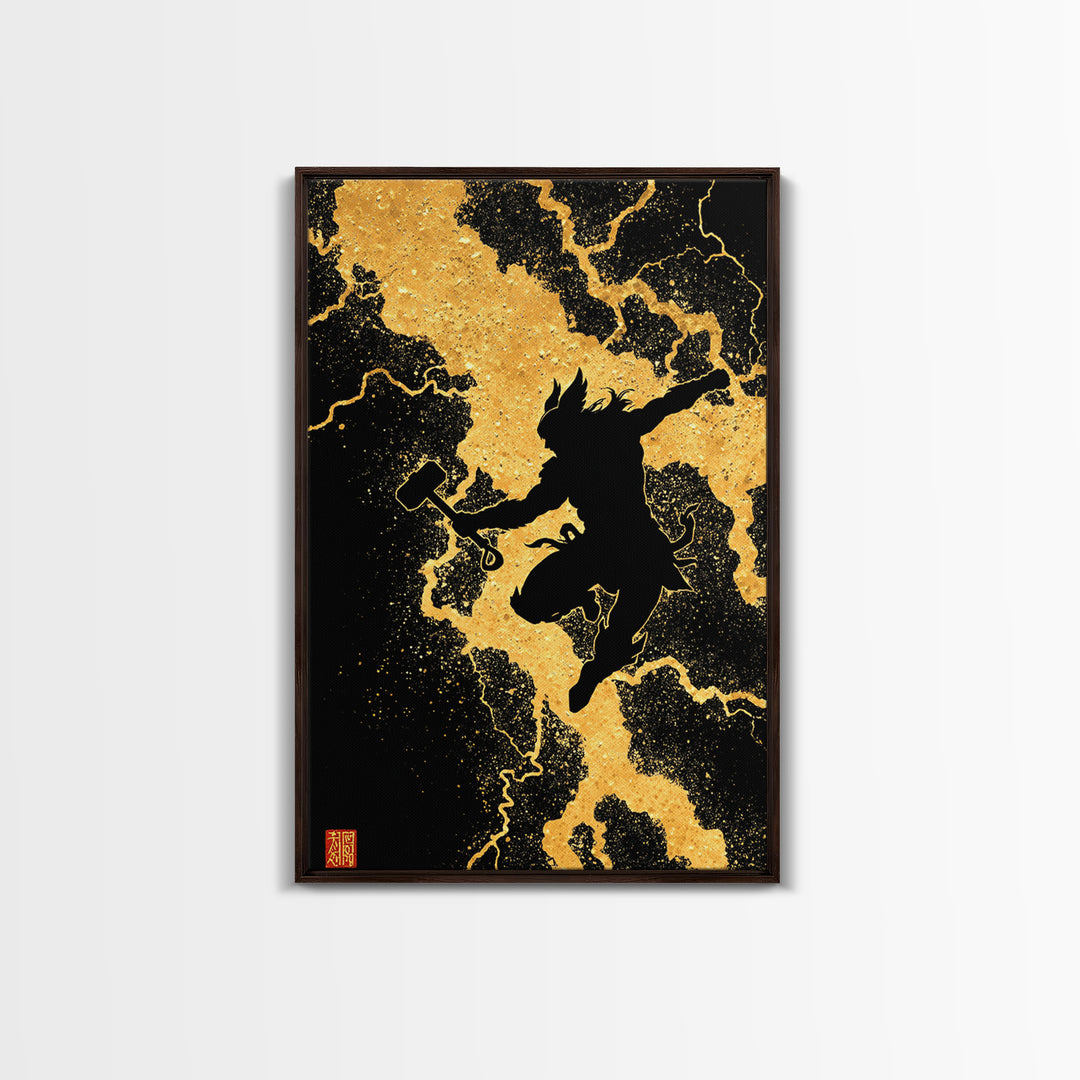 Silhouette Thor Jumping Canvas Gold Art Canvas Art Norse Viking God Wall Decor framed in natural wood, Office Art Dad Gift