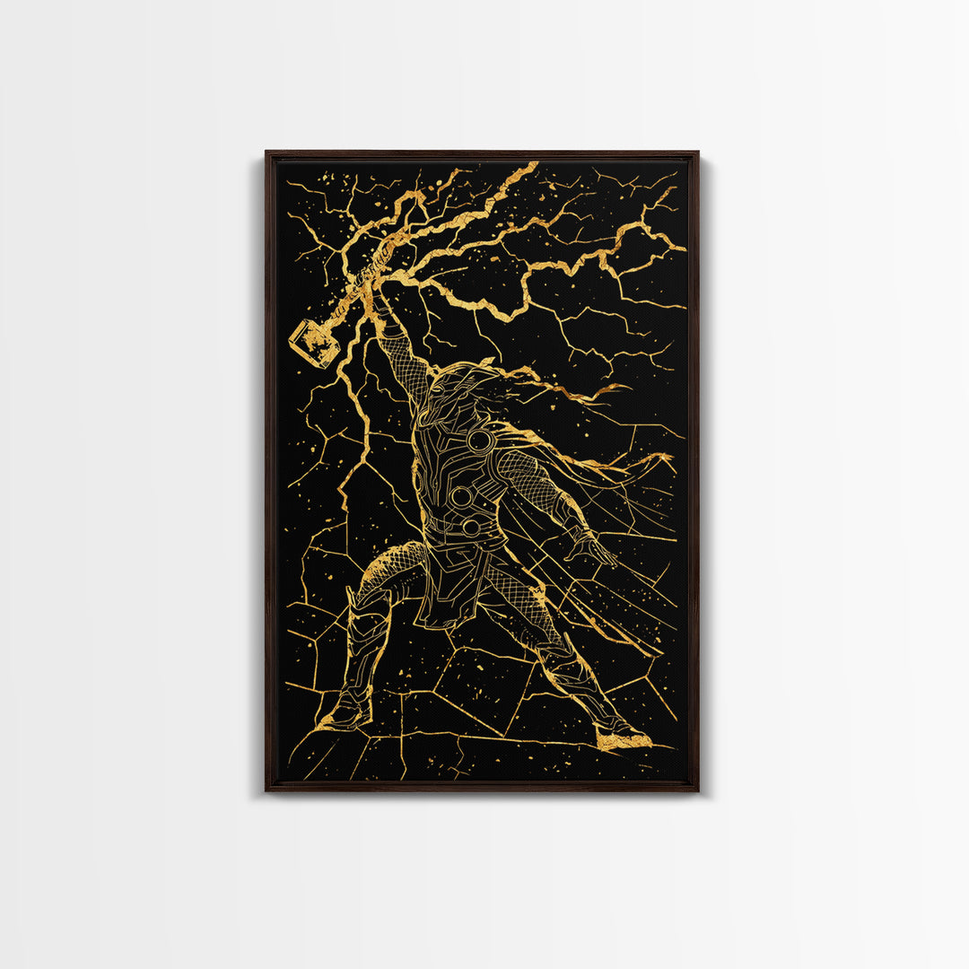 Thor with Lightning Hammer Canvas Gold Art Canvas Art Norse God Wall Art framed in wood, Viking Office Decor or Dad Gift Idea