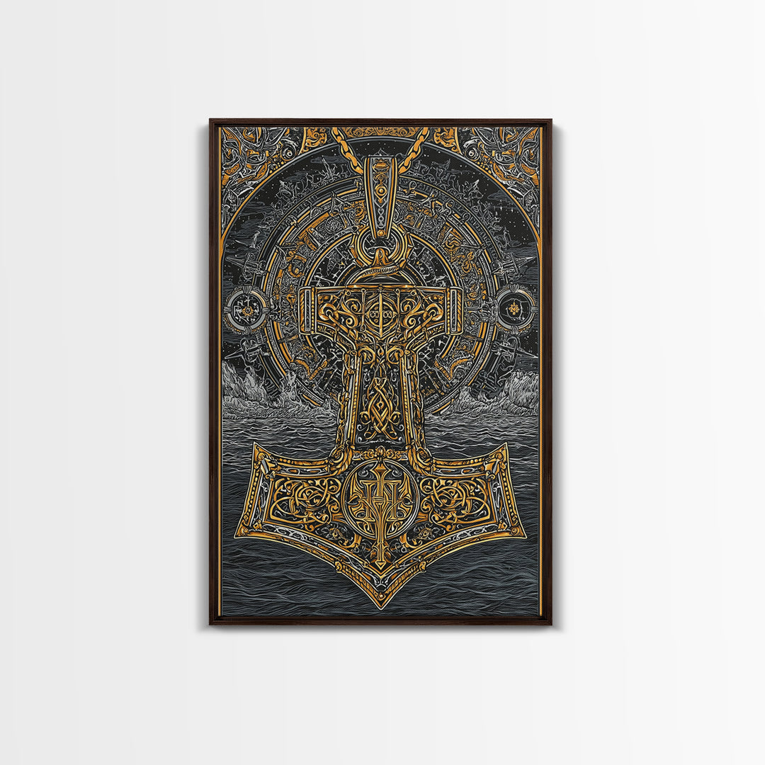 Viking Mjolnir Hammer Canvas Gold Art Canvas Art Norse Mythology Thor Symbol framed in natural wood, Office Wall Art for Men