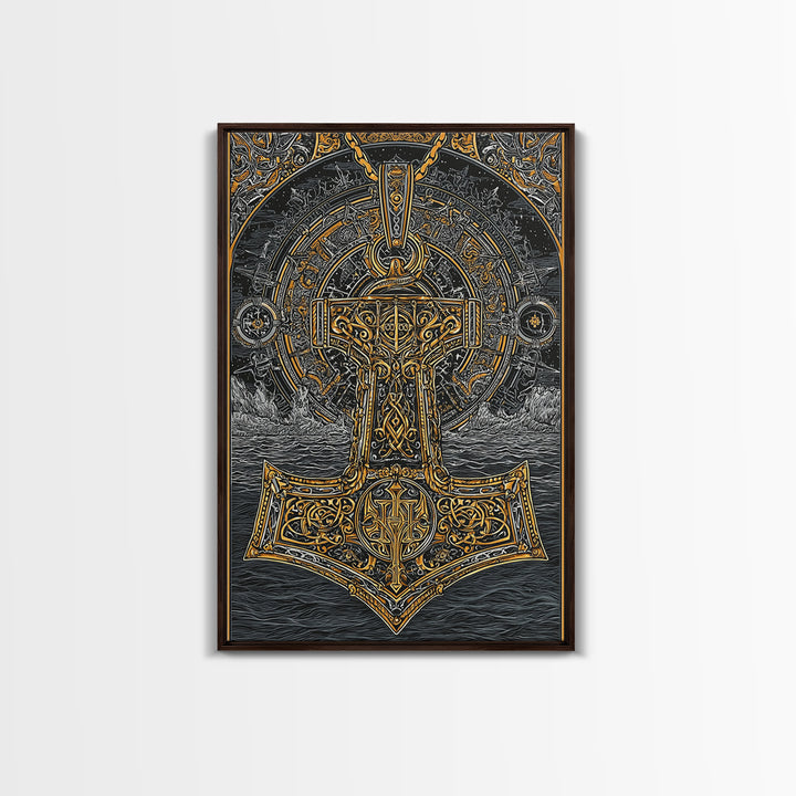 Viking Mjolnir Hammer Canvas Gold Art Canvas Art Norse Mythology Thor Symbol framed in natural wood, Office Wall Art for Men