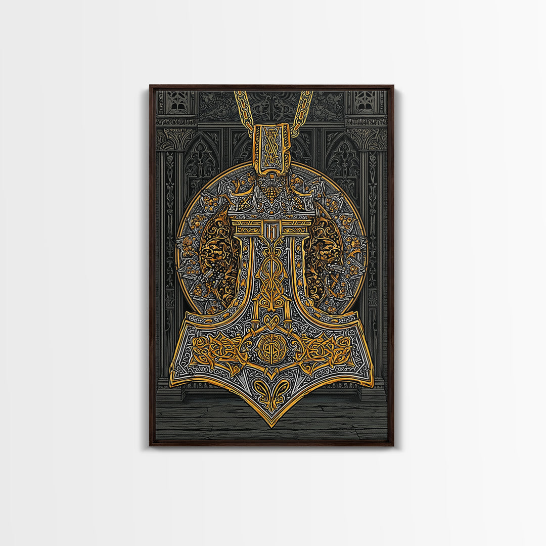 Thor’s Hammer Pendant Canvas Gold Art Nordic Canvas Art, Norse Mythology Wall Decor for Man Cave, framed in natural wood
