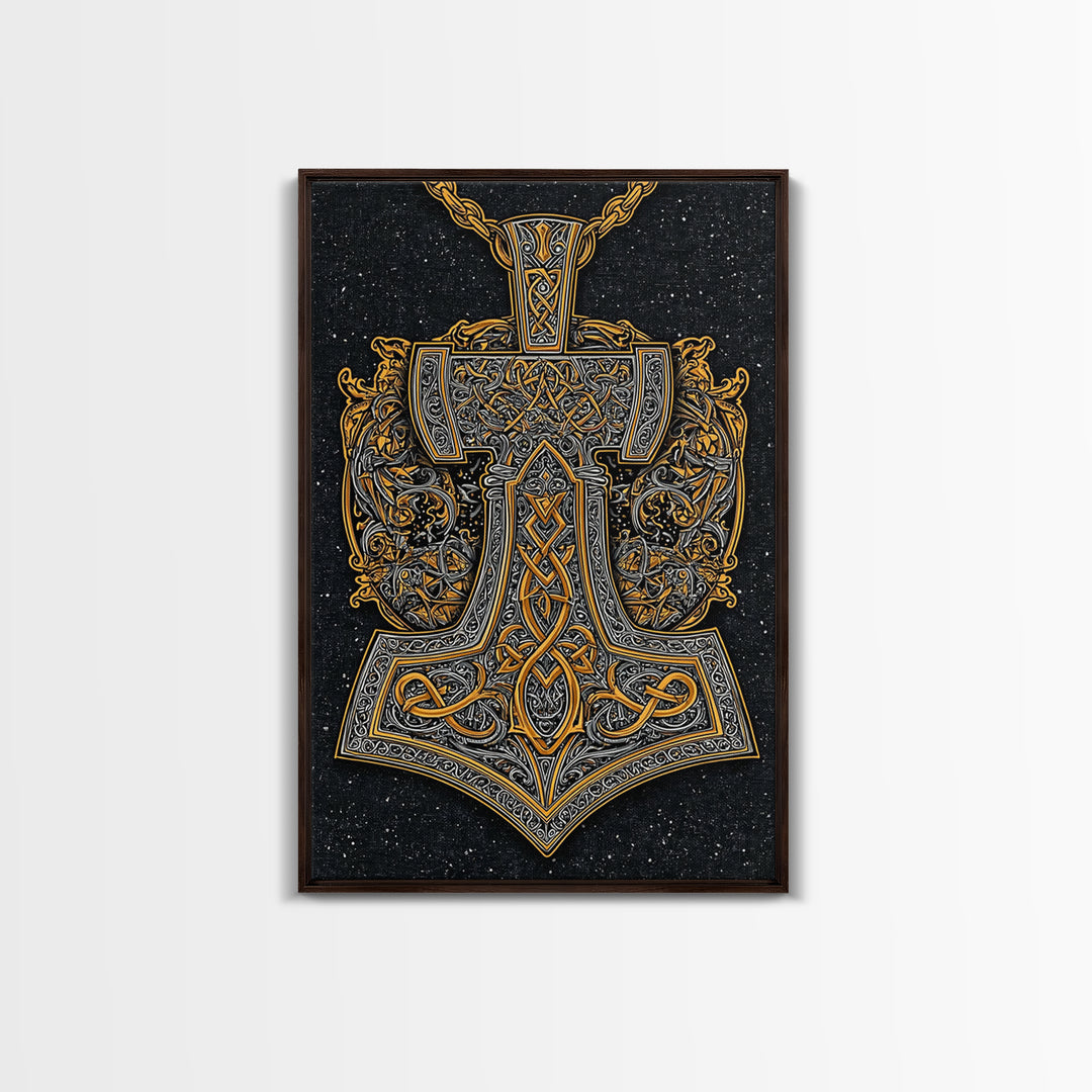 Norse Thor’s Hammer Canvas Gold Art Canvas Art Viking Mjolnir Pendant Design with real wood frame, Unique Man Cave Wall Decor