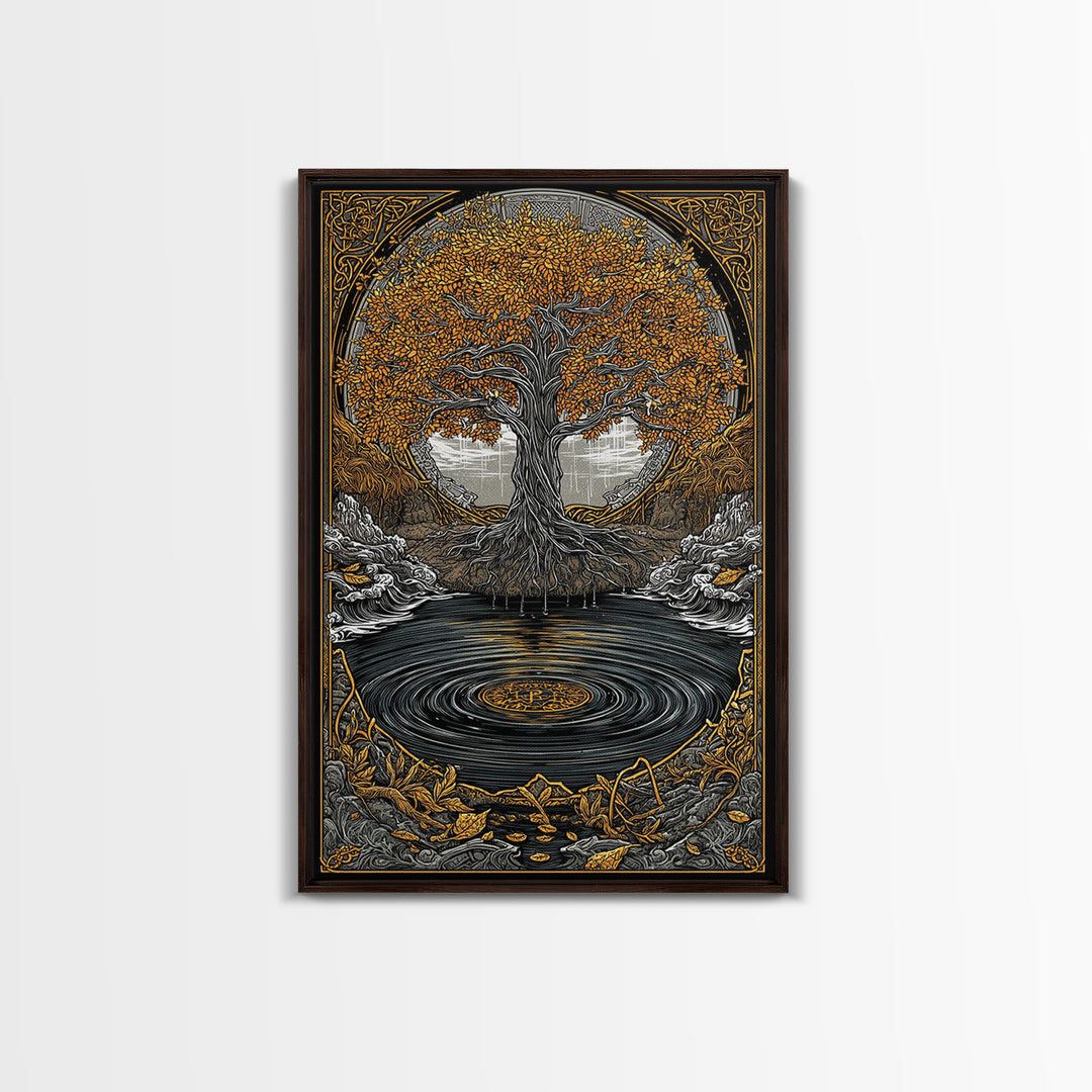 Urd and Yggdrasil Canvas Gold Art Canvas Art, Norse Norns Mythology Wall Art for Dad Gift Office Decor, with real wood frame