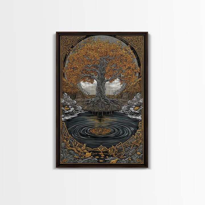 Urd and Yggdrasil Canvas Gold Art Canvas Art, Norse Norns Mythology Wall Art for Dad Gift Office Decor, with real wood frame