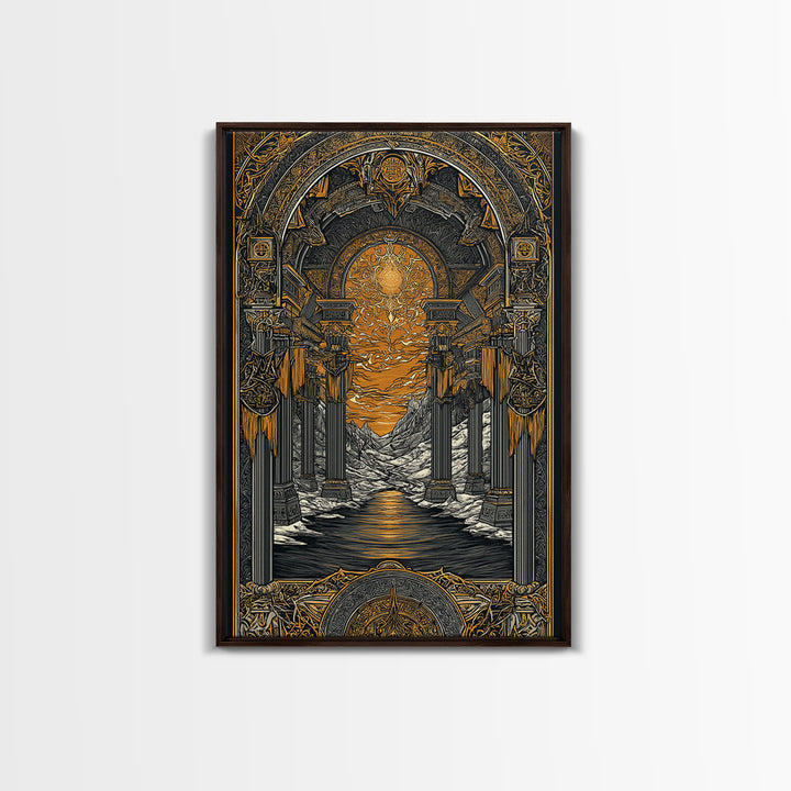 Valhalla Temple Canvas Gold Art Canvas Art, Nordic Mythology Warrior Afterlife Wall Art for Man Cave Decor, framed in wood
