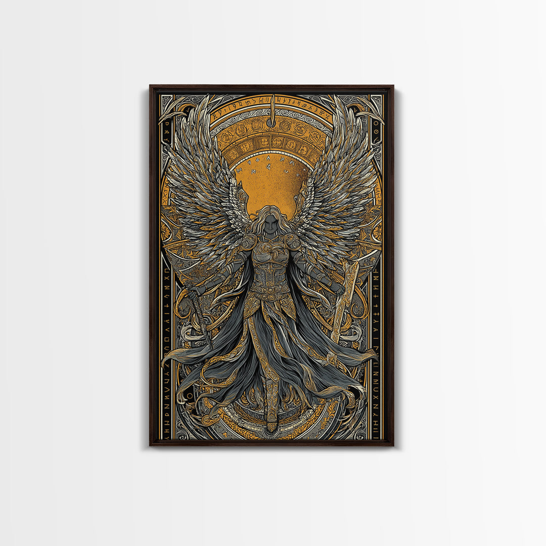 Valkyrie Ascending Canvas Gold Art Canvas Art, Norse Mythology Winged Protector Wall Decor for Dad Gift Office Art, real wood frame
