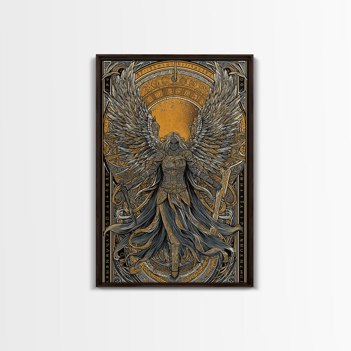 Valkyrie Ascending Canvas Gold Art Canvas Art, Norse Mythology Winged Protector Wall Decor for Dad Gift Office Art, real wood frame