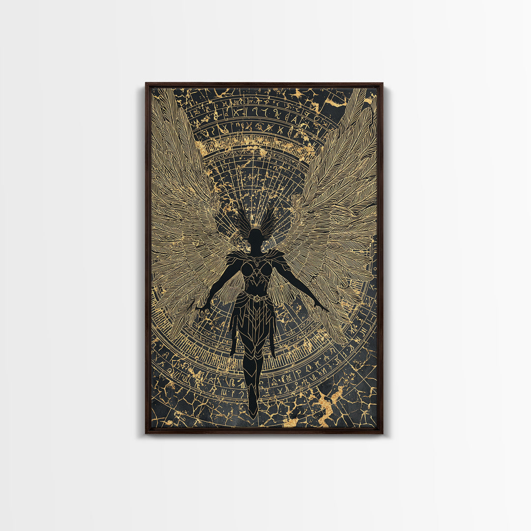 Shieldmaiden Valkyrie Canvas Gold Art Canvas Art, Norse Mythology Wall Art for Men’s Office Decor Dad Gift, framed in natural wood