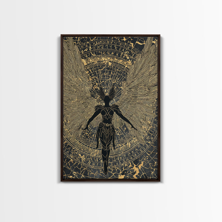 Shieldmaiden Valkyrie Canvas Gold Art Canvas Art, Norse Mythology Wall Art for Men’s Office Decor Dad Gift, framed in natural wood