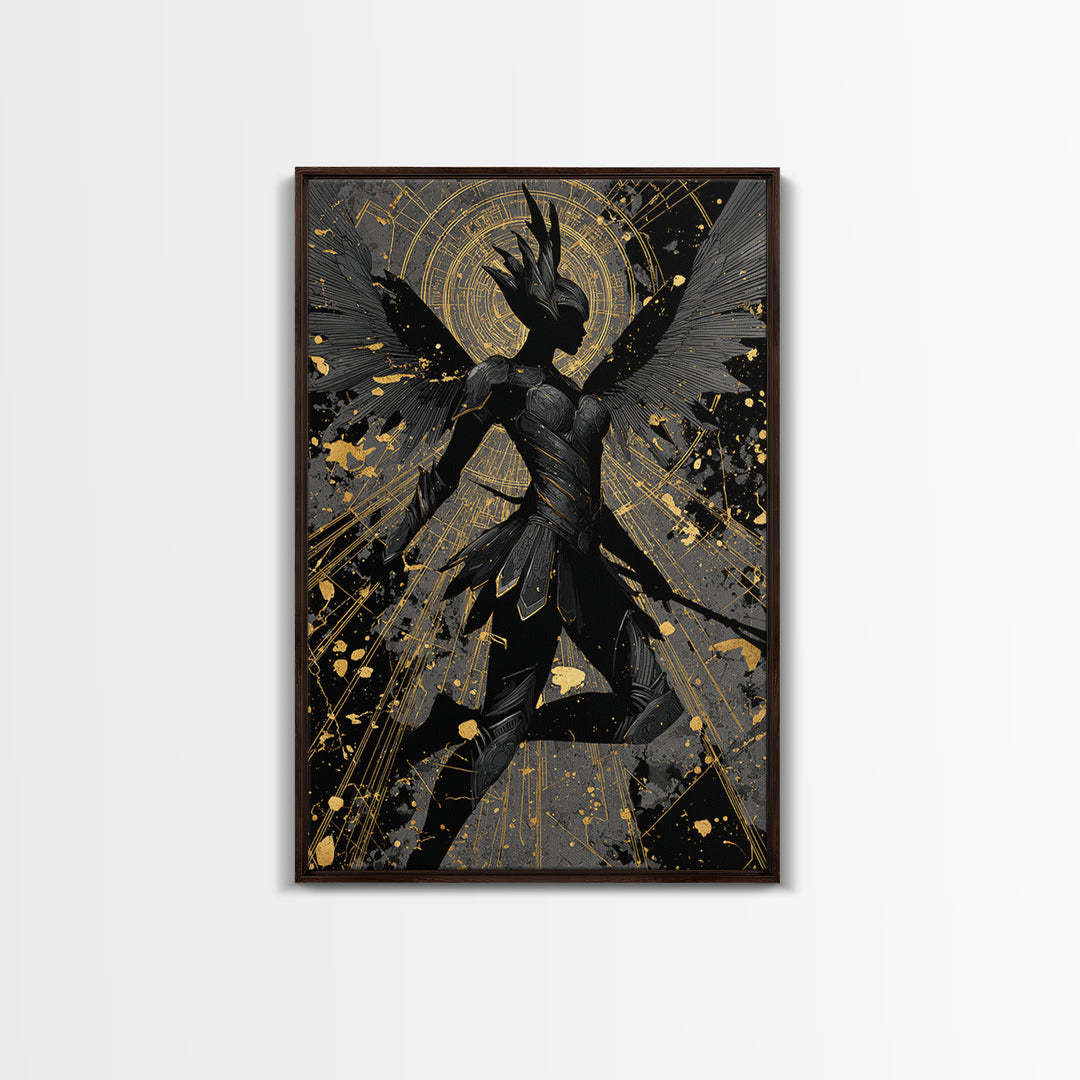 Valkyrie Guardian Canvas Gold Art Canvas Art, Norse Mythology Winged Warrior Wall Decor for Man Cave Dad Gift, real wood frame