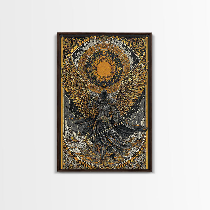 Norse Valkyrie Canvas Gold Art Canvas Art, Nordic Mythology Winged Warrior Goddess Wall Art Office Decor Dad Gift, framed in wood