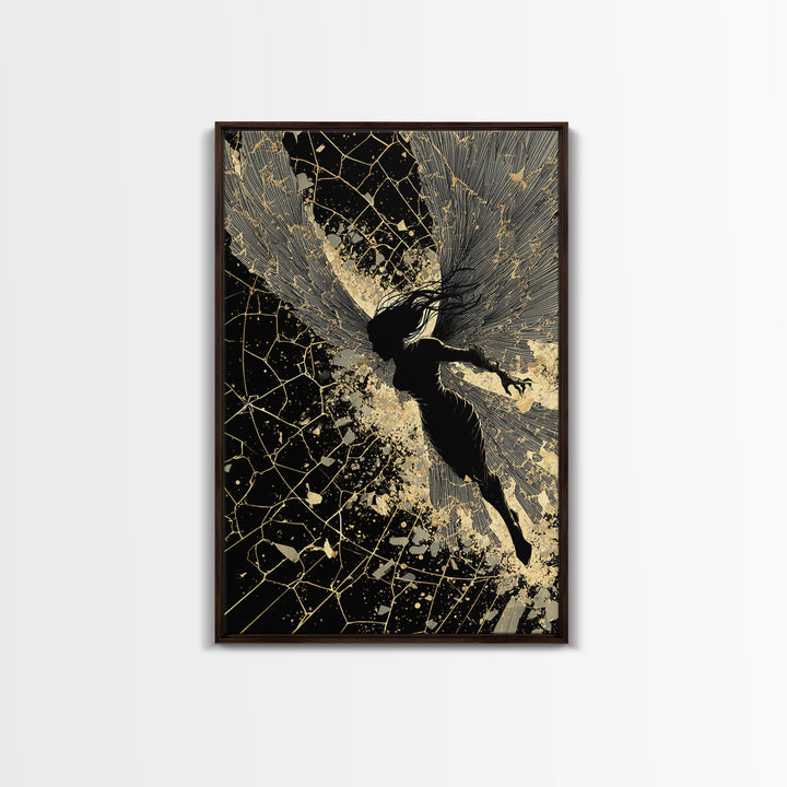 Valkyrie Warrior Canvas Gold Art Nordic Mythology Canvas Art for Office or Man Cave, framed in natural wood for bold style