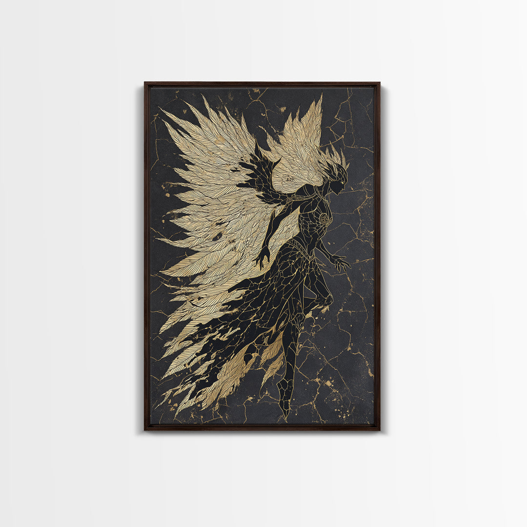 Valkyrie Warrior Canvas Gold Art Canvas Art, Norse Mythology Female Guardian Wall Art for Office Decor Dad Gift, with wood frame
