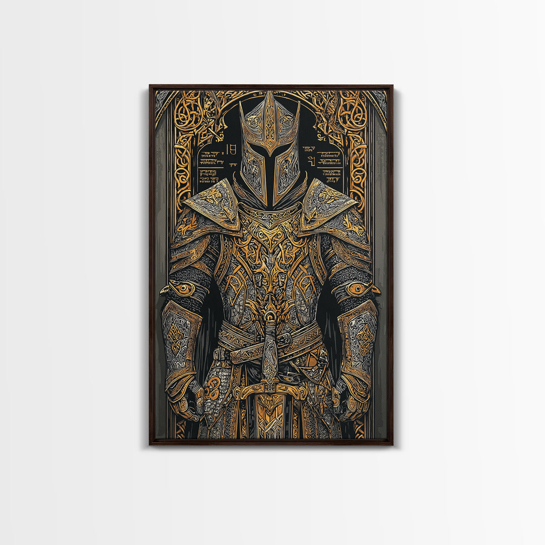 Nordic Knight Armor Canvas Gold Art, Mythology Canvas Art Perfect for Man Cave Wall Decor, framed with handcrafted real wood