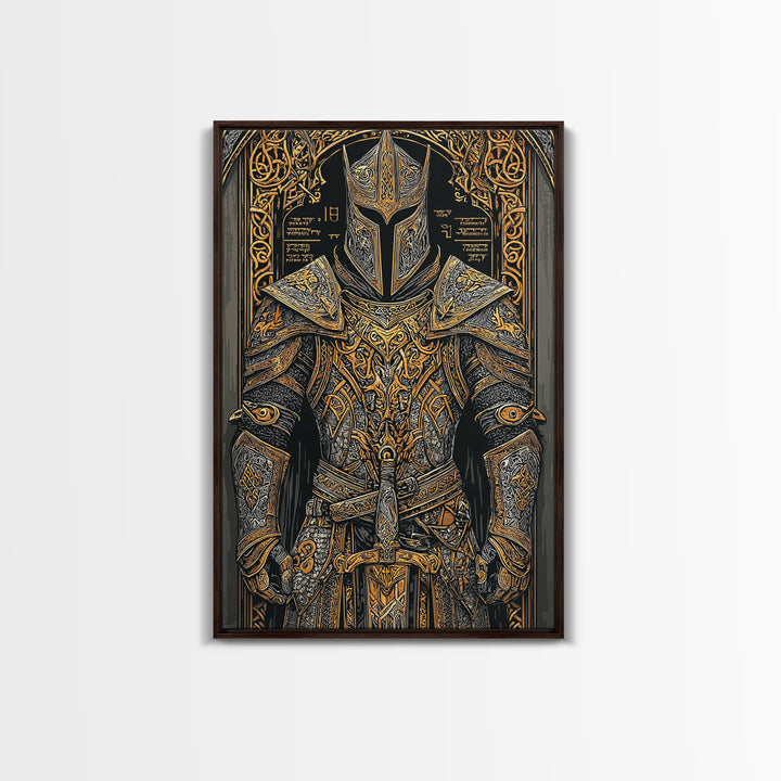 Nordic Knight Armor Canvas Gold Art, Mythology Canvas Art Perfect for Man Cave Wall Decor, framed with handcrafted real wood