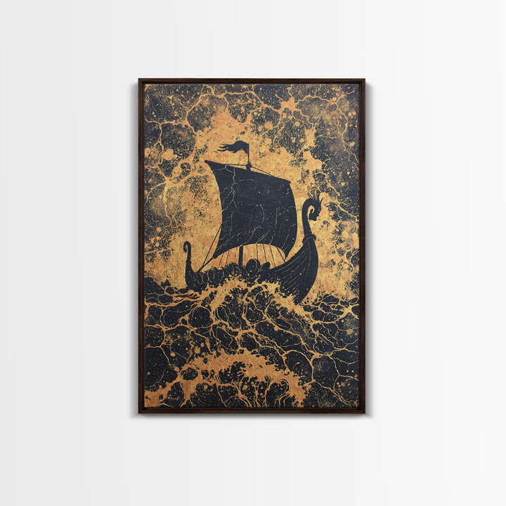 Bull Skull Nordic Totem Canvas Gold Art, Viking Canvas Art with Mythology Detail, unique office decor framed in solid wood