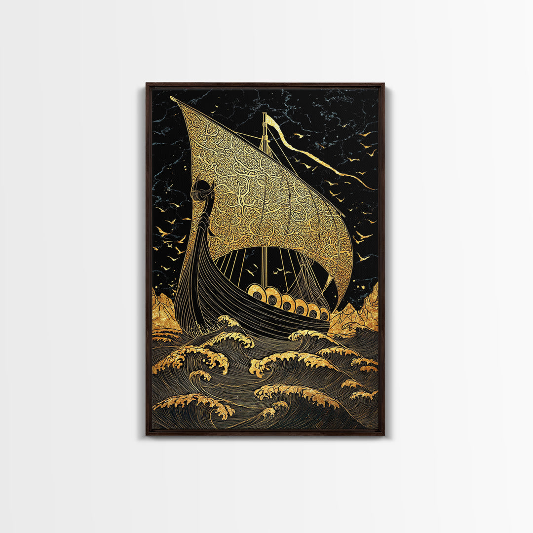 Viking Horned Helmet Canvas Gold Art, Norse Mythology Canvas Art Wall Decor for Dad Gift or Office, framed with real wood finish